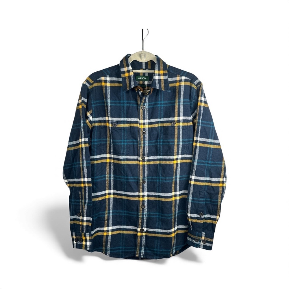 Orvis Classic Fit Mens Long Sleeve Flannel Button Down Shirt Navy Plaid Medium